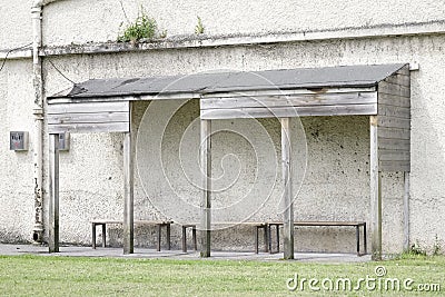 Smoking hut wooden shelter for smokers at work place for employees Stock Photo