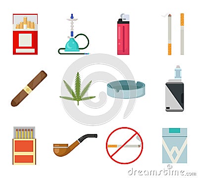 Smoking icons set cigarette pipe vape hookah matches ashtray isolated flat design vector illustration Vector Illustration