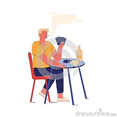 Smoking Man with Cards in Hand Sitting at Table with Alcohol Drink Bottle. Male Character Have Bad Habits and Addiction Vector Illustration