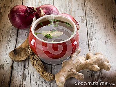 Smoking miso soup with ginger Stock Photo