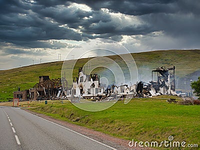 The smoking remains of the Moorfield Hotel in Brae, Shetland, UK Editorial Stock Photo