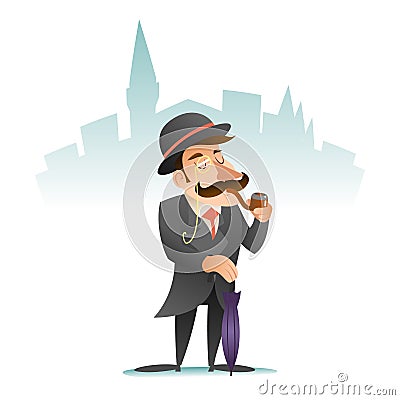 Smoking Victorian Gentleman Umbrella Cartoon Character Icon on Stylish English City Background Retro Vintage Great Vector Illustration