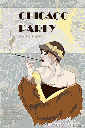 Smoking woman in retro style on Chicago party poster Vector Illustration