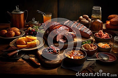 Smoky barbecue in a rustic farmhouse kitchen. AI generated Stock Photo