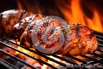 smoky barbecue scene with pork loin sizzling on grill Stock Photo