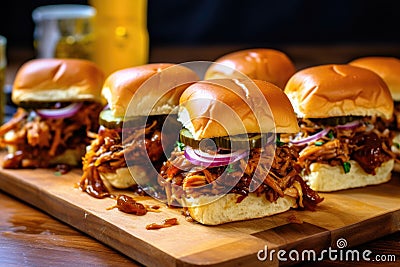 smoky bbq pulled pork sliders with pickles and onions Stock Photo