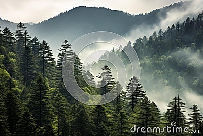 Smoky cloudy mountains trees natural. Generate AI Stock Photo