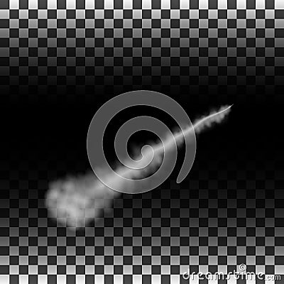 Smoky effect after the rocket. Smoke, steam on transparent background. Aircraft, condensation trail. Vector illustration. Vector Illustration