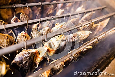 Smoky fish in smokehouse Stock Photo