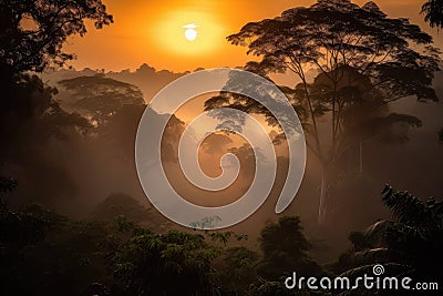 smoky jungle sunrise, with the sun rising over the misty canopy Stock Photo