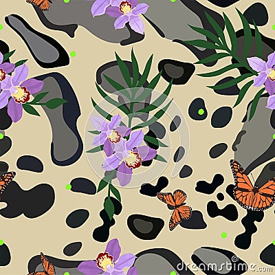 Smoky leopard skin seamless pattern combined with orchid, palm leaves and monarch butterflies. Luxurious fashion print. Vector Stock Photo