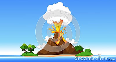 smoky volcanoes, mountains and green grass on a blue cloudy sky Cartoon Illustration