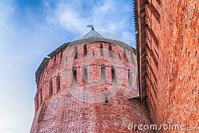 Smolensk January 2015 Russia. Red big tower multifaceted bottom-up view on sky background Editorial Stock Photo