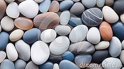 Smooth colorful pebbles on the beach, natural background. Beautiful rounded rocks polished by water. Generative AI Stock Photo