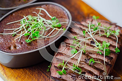 Smooth duck and orange pate, duck liver pÃ¢tÃ© blended with orange pieces and a touch of herbs and spices Stock Photo
