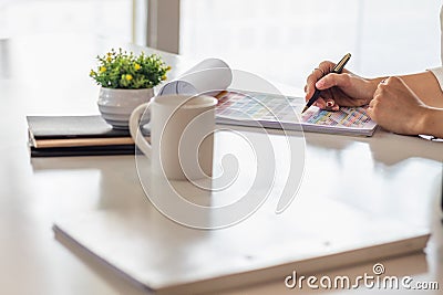 Smooth Focus, group of web designers are working together to develop mobile responsive website with UI UX Front End Designer Stock Photo