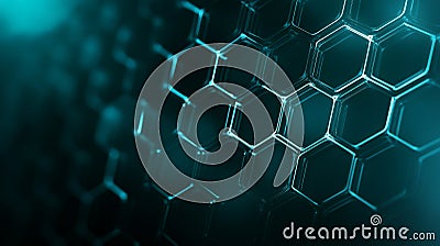 A smooth gradient background from teal to black, with hexagon patterns interconnected by bright, Stock Photo