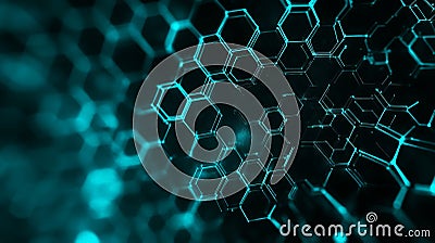 A smooth gradient background from teal to black, with hexagon patterns interconnected by bright, Stock Photo