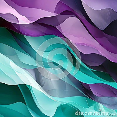 Smooth overlapping waves in soft green and purple tones creating a calming abstract background Stock Photo