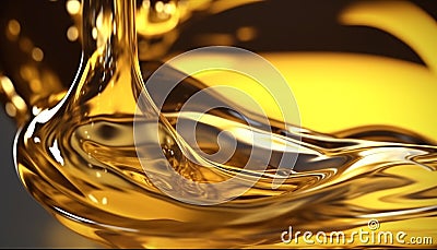 Smooth, shiny, gold colored cooking oil pouring in abstract wave pattern generated by AI Stock Photo