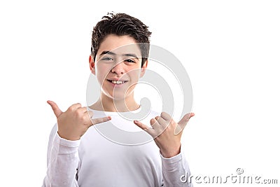 Smooth-skinned Caucasian Boy doing shaka gesture wiht both hands Stock Photo