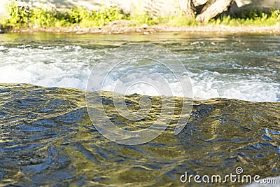 Smooth water with autumn tree reflected color flows into white rapids rushing on the Truckee river Stock Photo