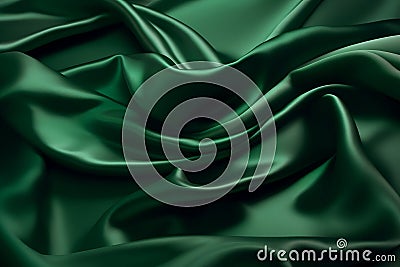 Smooth wrinkled silk bedsheet, fabric background. Abstract crumpled satin texture. Dark deep green color. Folded cloth, wallpaper Stock Photo