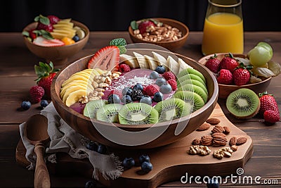 smoothie bowl with mix of fresh fruits and nutty toppings Stock Photo