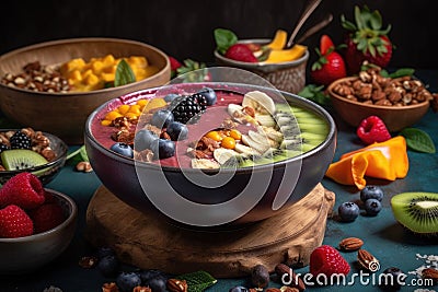 smoothie bowl with mix of fresh fruits and nutty toppings Stock Photo
