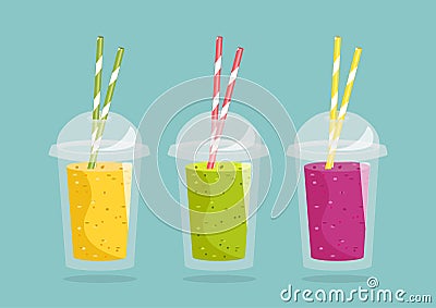 Smoothie with different flavours, take away. Healthy fresh juice Vector Illustration