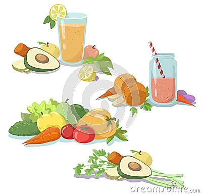 Smoothie. Fresh juice. Healthy diet. Fruit and vegetables. Clean food. Vector Illustration