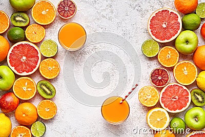 Smoothie or fresh juice vitamin in citrus fruits background flat lay, helthy natural beverage Stock Photo