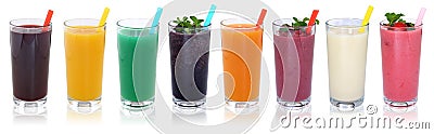 Smoothie fruit juice smoothies drinks with fruits in a row isola Stock Photo