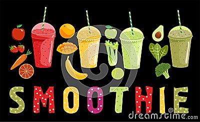 Smoothie and fruits. Cartoon smoothies on a black background. Orange, strawberry, berry, banana and avocado smoothie Vector Illustration