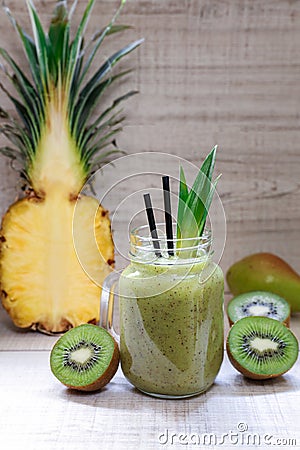 Smoothie of kiwi, pineapple and pears. Stock Photo