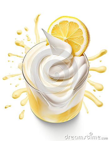 Smoothie lemon yogurt with cream and splash on white background. Generative AI Stock Photo