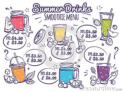 Smoothie menu. Fruit drinks, colorful organic cocktail juices with berries. Detox diet with lettering for cafe menu Vector Illustration