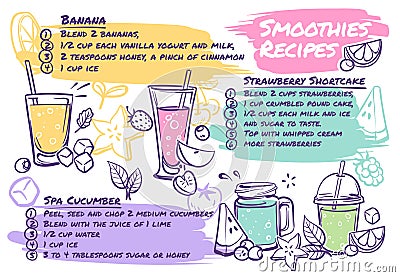 Smoothie recipes. Fruit cocktails with smoothie ingredients, vegetables and herbs, tasty organic detox drink healthy Vector Illustration