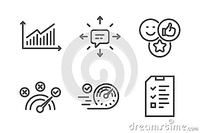 Sms, Correct answer and Graph icons set. Like, Speedometer and Interview signs. Conversation, Speed symbol. Vector Vector Illustration