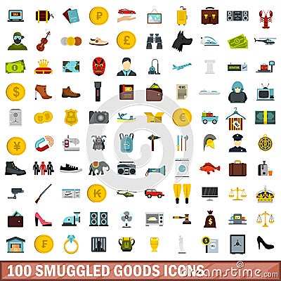 100 smuggled goods icons set, flat style Vector Illustration