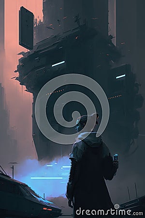 smuggler in the cybercity, transporting contraband digital art poster AI generation Stock Photo