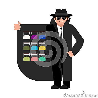 Smuggler selling Drugs. Cocaine and marijuana. Cloak-seller Vector Illustration