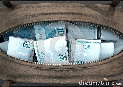 Illicit Cash In A Brown Duffel Bag Stock Photo