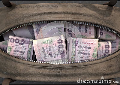 Illicit Cash In A Brown Duffel Bag Stock Photo