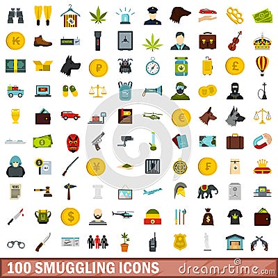 100 smuggling icons set, flat style Vector Illustration