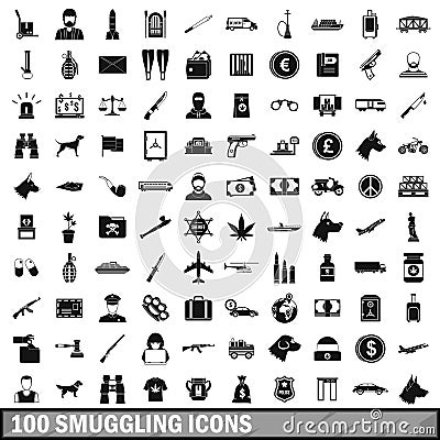 100 smuggling icons set, simple style Vector Illustration