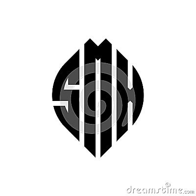 SMX circle letter logo design with circle and ellipse shape. SMX ellipse letters with typographic style. The three initials form a Vector Illustration