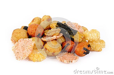 Snack balls filled with peanuts and rice cracker Stock Photo