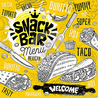 Snack bar cafe restaurant menu. Mexican, Taco, burrito fast food poster cards for bar cafe. Vector Illustration