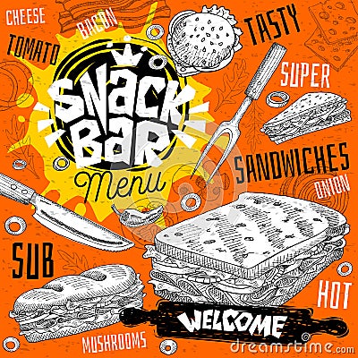 Snack bar cafe restaurant menu. Vector sandwiches fast food post Cartoon Illustration